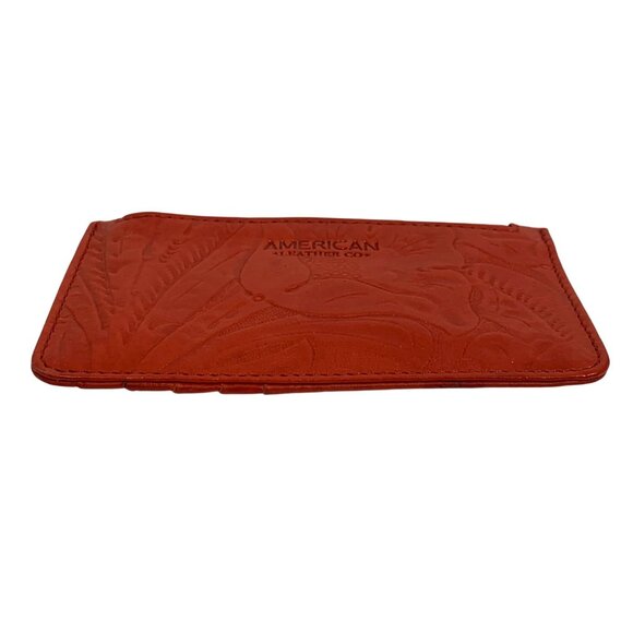 American Leather Co Portland Card Wallet Red Embossed Floral Leather EUC - Picture 2 of 7